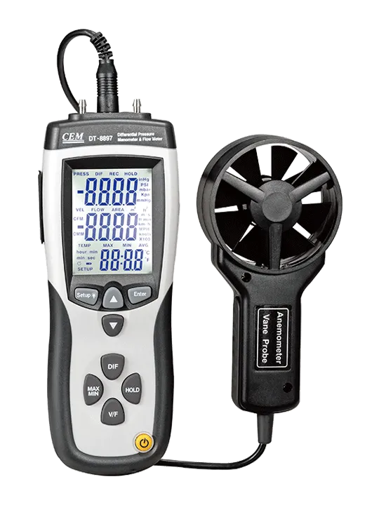 CEM DT-8897 Differential Pressure Manometer Plus Air Flow/Velocity Meter